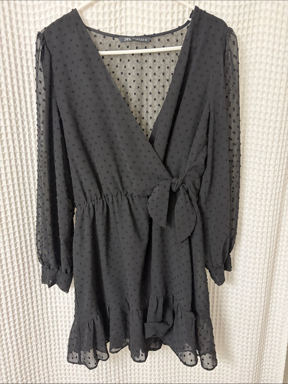Zara Black Chiffon Mini Dress featuring Long Sleeves and flock swiss dot medium